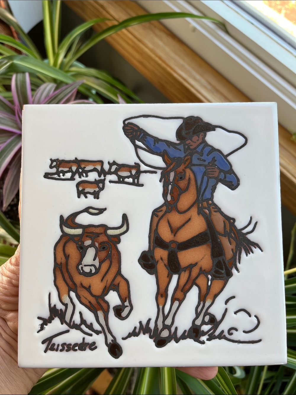 Vtg Cleo Teissedre Cowboy On Horse Roping Steer Western Americana Tile Trivet